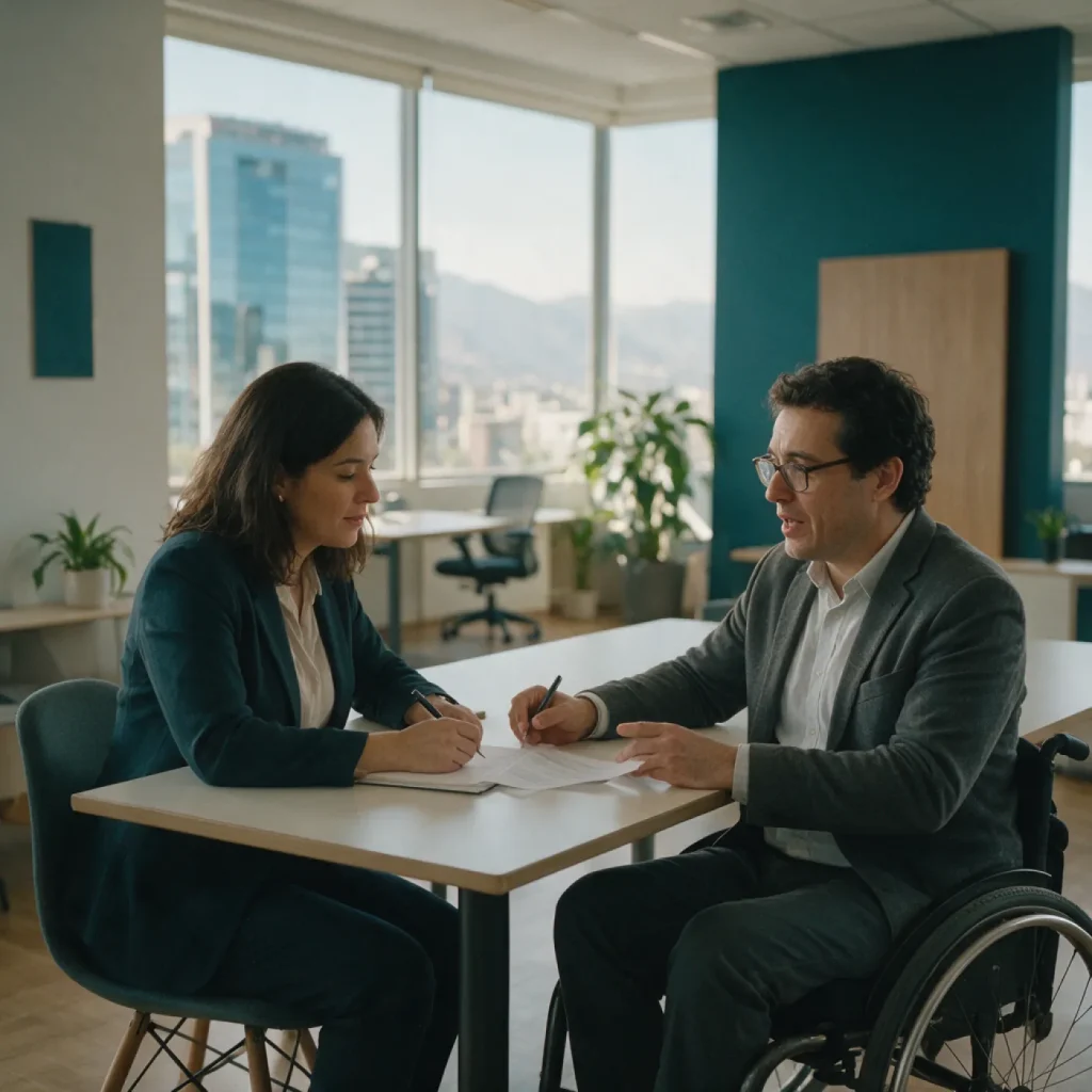 Dos profesionales revisan un documento en una reunión de trabajo; una de ellas usa silla de ruedas