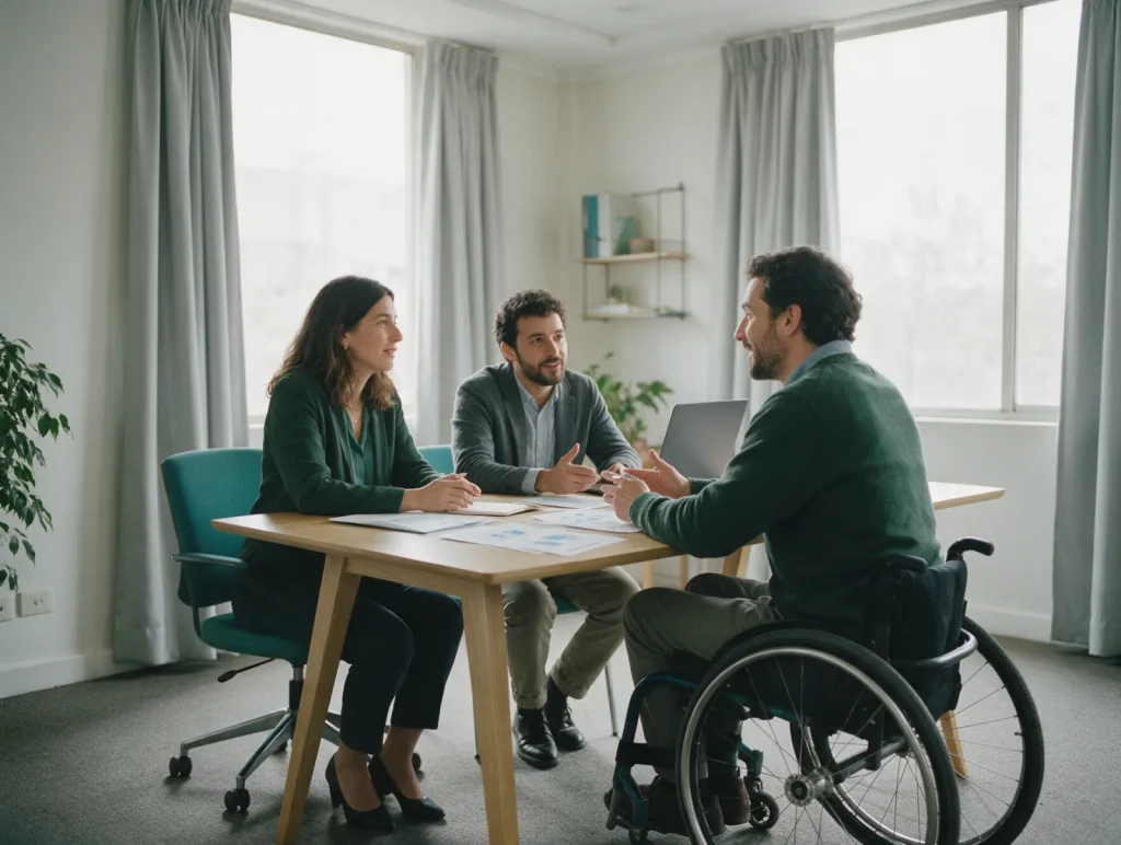 Tres profesionales conversan alrededor de una mesa de reunión; uno de ellos usa silla de ruedas y lleva la palabra.